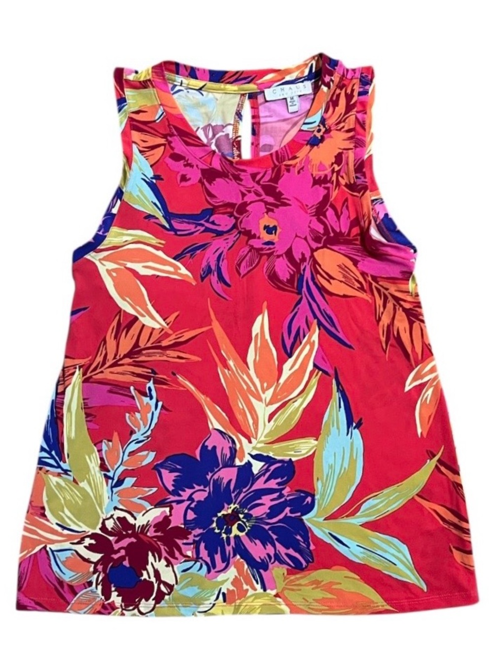 Chaus Tropical Floral Print Sleeveless Top Keyhole Back Size Medium